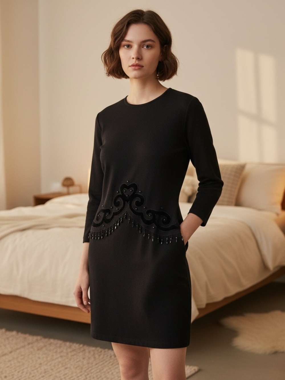 VTG Wool Blend Black Long-Sleeve Embellished Shift Dress